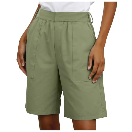 Pantalones Cortos para Mujer, Tiro bajo, 18 cm de Entrepierna, Estilo Jorts, Tiro Medio, elásticos, con Bolsillos, Color Caqui, para Senderismo y Uso Diario. (Light Green, S)