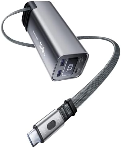 REWONDER 100W Retractable Power Bank 20000mAh: Fast Charging Portable Charger with Built-in Type-C Cable & USB Ports for Laptop, Cell Phone, MacBook, iPhone, iPad, Steam Deck (Galaxy Gray)