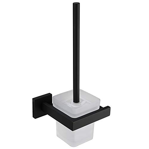 Black Friday - 50% OFF VELIMAX Modern Toilet Brush with Holder Wall Mounted Stainless Steel Holder Glass Canister with Toilet Brush Luxury Toilet Brush Holder Set for Bathroom, Matte Black