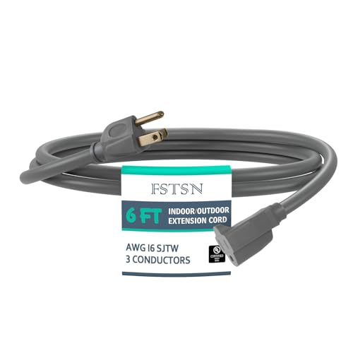 FSTSN 6 Ft Heavy Duty Indoor Outdoor Extension Cord - 16/3 SJTW Waterproof Power Cable with 3 Prong Grounded Plug Grey - Durable Weather Resistant for Home Garden and Worksite Use.