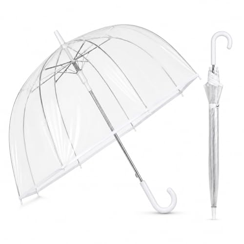 Image of Unirobe Clear Umbrella Dome Transparent Bubble Umbrella White Border & Handle, Large Windproof Rain Umbrella Full Coverage Clear Canopy Stick Brolly for Women Men Wedding Parasol
