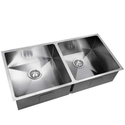 Cefito Kitchen Stainless Steel Sink 86 x 44cm Rectangle Double Bowl Silver Basin Sinks Handmade, Laundry Bar Home, Heavy Duty Include Waste Drainer Top Undermount Round Corner