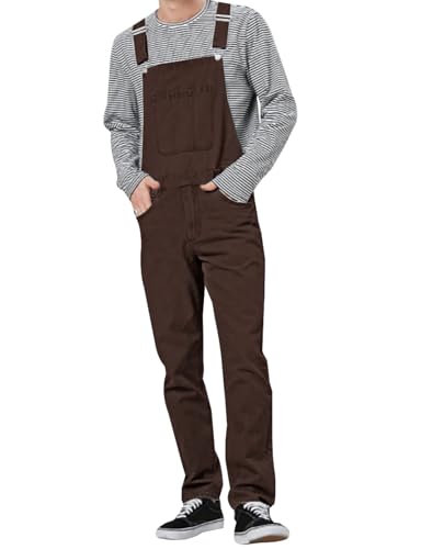 LONGBIDA Mens Denim Bib Overalls Relaxed Fit Fashion Jean Jumpsuit Dark Brown L