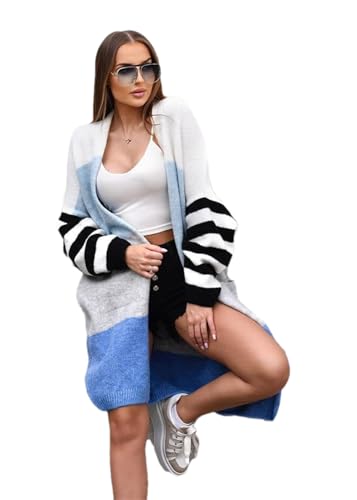 Pulcykp Dam lös randig stickad cardigan tröja casual fickor v-ringad långärmad tröja, BLÅ, XXL