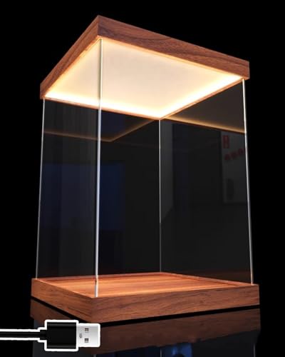 Minglez Vitrina AcríLica Vitrina Acrílica Color Nogal con USB Y Luz. Vitrina Apilable para Juguetes. Caja de Colección para Encimera, Ideal para Piedras y Libros.(65x65x15cm(26x26x6in))