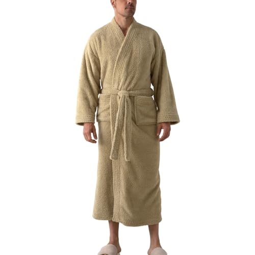 Lu's Chic Men's Billowy Fleece Bathrobe Belt Bath Robe Chic Calf Length Comfy Long Sleeve Home Cold Weather Nightwear