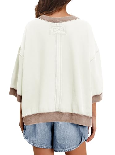 Panadila Womens Oversized Short Sleeve Sweatshirt Crewneck 3/4 Sleeve Tops Summer Cute Color Block Pullover Sweatshirt4