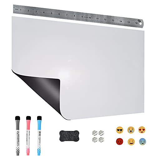 stainless steel fridge whiteboard - Magnetic Soft White Board for Fridge/Wall w. 17 inch Length Stainless Steel Ruler A3 Size Message Center Magnet Dry Erase Board Flexible Pad Magnet Board for Kitchen, Home ,Office (whiteboard)