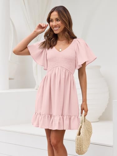 Image of LILLUSORY Women's Flowy Casual Mini Dresses 2026 Summer Graduation Smocked V Neck Vacation Dress Dress with Pockets