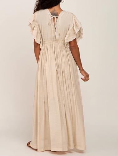 Image of R.Vivimos Maxi Dresses for Women 2026 Summer Short Sleeve V Neck Drawstring Tie Boho Loose Flowy Long Dresses with Pockets