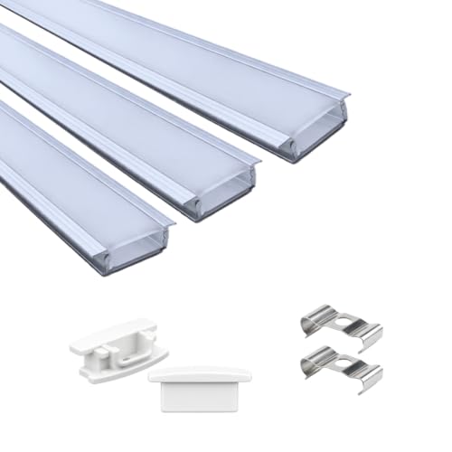 Image of Lighting 18x6mm LED Strip Lights 1 Meter Aluminium Rectangular Concealed Profile Light Channels with Diffused Cover, End Caps and Mounting Clips Without LED Straight Linear, (Pack of 3)