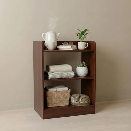 Image of Shoper cart Bedside Table with 3 Open Shelves, Brown Wood Finish, 50.8 x 41.2 x 24 cm, Nightstand Storage Organizer