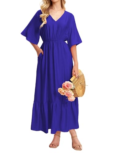 Image of Women's Summer Short Sleeve Maxi Floral Flowy Dresses with Pockets