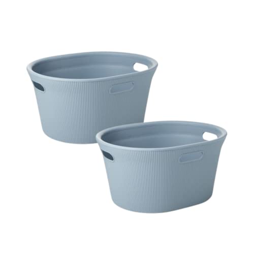Image of Superio Ribbed Collection - Decorative Plastic Laundry Basket with Cut-Out Handles, Blue (2 Pack) Hamper Organzier for Bedroom Bathroom College Dorm Room 35 Liter