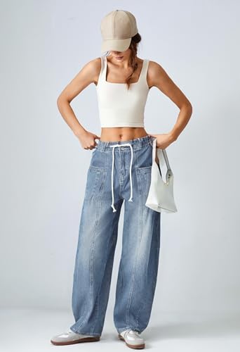 Women Wide Leg Baggy Jeans Elastic Waisted Drawstring Loose Fit Barrel Denim Pants with Pockets4