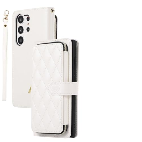 Étui portefeuille Samsung S23 Ultra blanc avec fentes arrière et fermeture éclair