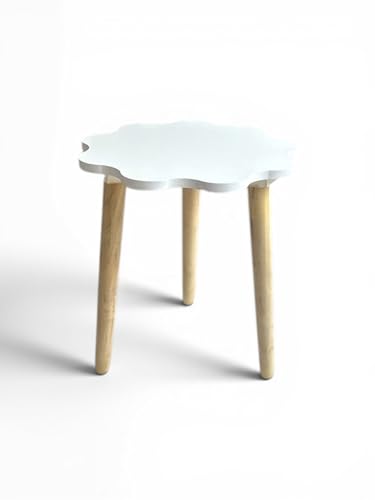 Image of Modern Scalloped Side Table with 3 Wooden Legs, Minimalist End Table /Coffee Table for Living Room, Bedside Nightstand for Bedroom, Balcony & Small Spaces