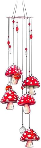 Spoontiques Mushrooms Hanging Red & White Silent Chimes with Beads - Outdoor Garden Décor - Decorative Chimes for Yard, Garden, Backyard and Patio Decoration