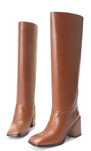 Image of Women's Knee High Boots Chunky Heel Square Toe Side Zipper Tubular Leg Soft Brown PU Leather Classic Fashion Dress Long Boots 6M