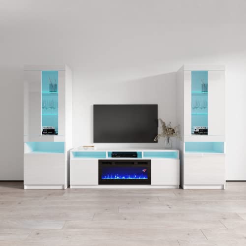 Meble Furniture Reno 05 Electric Fireplace Entertainment Center - Entertainment Center Console for Bedroom & Living Room - Modern TV Entertainment Center with Komi Bookcase and LED Lights - White