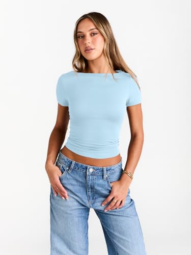 Image of Trendy Queen Womens Boat Neck Tops Short Sleeve Shirts | Compression Basic Tops,Y2K Aesthetic Slim Fit,Professional Business Casual, Polished Teacher Outfits