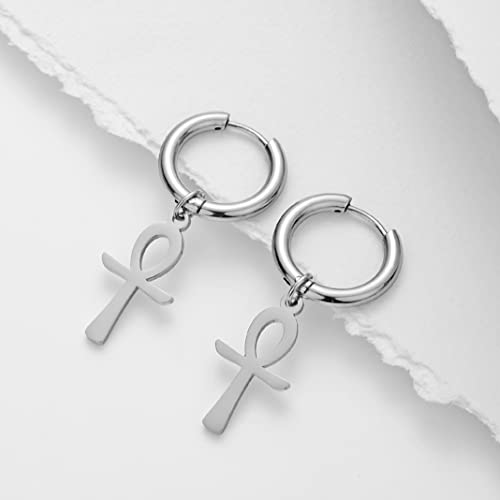 Ankh krzyż kolczyki dla kobiet mężczyzn stal nierdzewna starożytny egipski symbol bogowie Ankh krzyż Dangle Hoop kolczyki urok amulet biżuteria, 20.9 millimeter, Stal nierdzewna, Bez kamieni