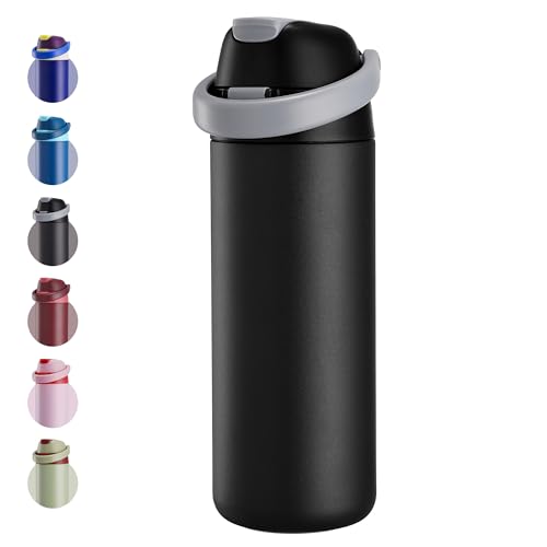 Fijinhom 18 oz Insulated Water Bottle, Stainless Steel Water Bottle with 2-in-1 Straw and Push-Button Spout Lid, Keeps 24 Hours Cold, Double Wall Vacuum Leak-Proof & BPA-Free for Sports, Travel, Black