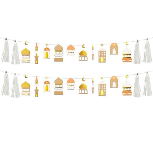 Cheerland Ramadan Banner Eid Mubarak Al Adha Party Decorations Gold White Islamic Mosque Garlands Islam Streamer Tassel Party Hanging Ceiling Gold Star Moon Crescent Muslim Party Supplies