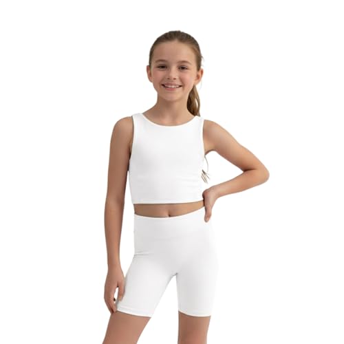 Image of WELAKEN Girls 2 Piece Athletic Outfit Kids Yoga Crop Tank Top and Biker Shorts Set