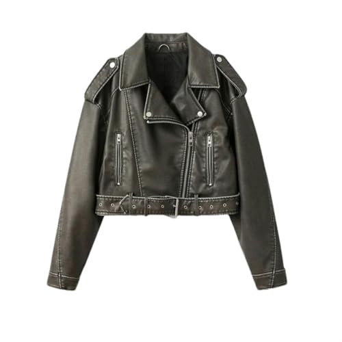 Manteau court en cuir délavé premium avec finitions zippées et ceinture