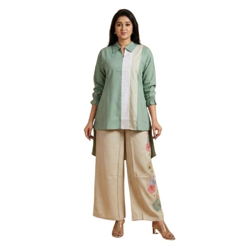 Women's Sage Green Cotton Co-Ord Set | Color Block Shirt Collar Top with Floral Printed Palazzo Pants | Casual Smart 2 Piece Co Ord Set for Women-image-18