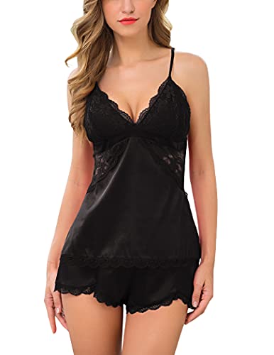Image of Avidlove Women Sleepwear Satin Pajamas Set Lace Camisole Shorts Nightwear | Sexy Pajama Set for Women Sleepwear Sleep Set 2 Piece Outfits Lingerie Sets Pjs for Women Set Cami Top and Shorts Nightwear
