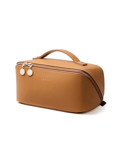 EACHY Travel Makeup Bag, 2.0 Cosmetic Bag for Women, Waterproof PU Leather,Flat Open Portable Toiletry Bag for Skincare, Brushes & Travel Essentials