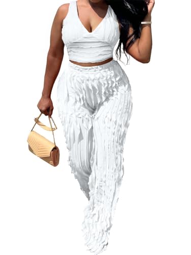 PRIVIMIX Women 2 Piece Outfits Sexy See Through Backless Top Ruffle Wide Leg Palazzo Pants Sheer Mesh Trousers Set