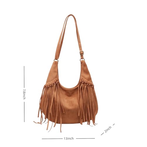 Image of Women Vintage Suede Fringe Hobo Bag Tote Shoulder Bag Crossbody Bag and Hippie Western Cowgirl Purse Shoulder Bag