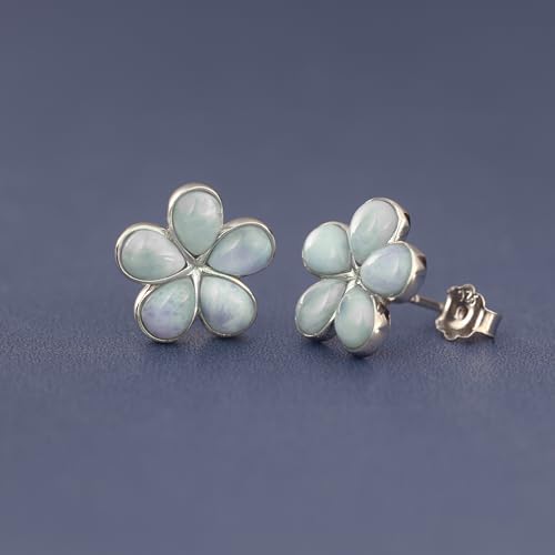 925 Sterling Silver Natural Larimar Gemstone Plumeria Flower Dangle Hook Earrings, Nickle Free Hypoallergenic for Sensitive Skin, Gift Box Included (Small, Larimar Rounded Petals - Stud)2