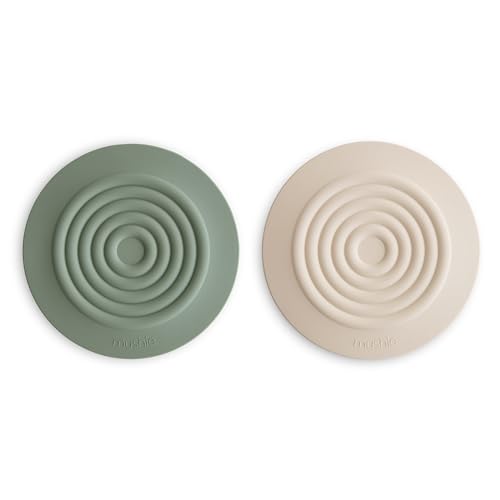 Image of mushie Silicone Drain Stopper 2-Pack | 5.5 inch Diameter Bathtub Flat Suction Cover (Dried Thyme/Shifting Sand)