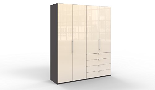 WIEMANN Loft Kleiderschrank, Schlafzimmerschrank, Gleittürenschrank, Drehtürenschrank, mit Schubladen, Glas magnolie, Havanna, B/H/T 200 x 236 x 58 cm