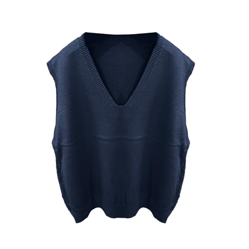 Générique Pull Femme sans Manches Col V Gilet sans Manche Femme en Tricot Débardeur Couleur Unie Chaud Décontracté Basique Style Preppy Sweater Automne Hiver Marine,L – vue 2