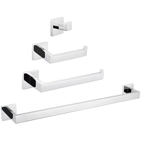 Bathroom Hardware Set 4-Piece, Angle Simple SUS304 Stainless Steel Bath Accessory Kit, Bathroom Fixture Set with Robe Hook, Toilet Paper Holder, Towel Holder and Towel Bar Polished Chrome Cover