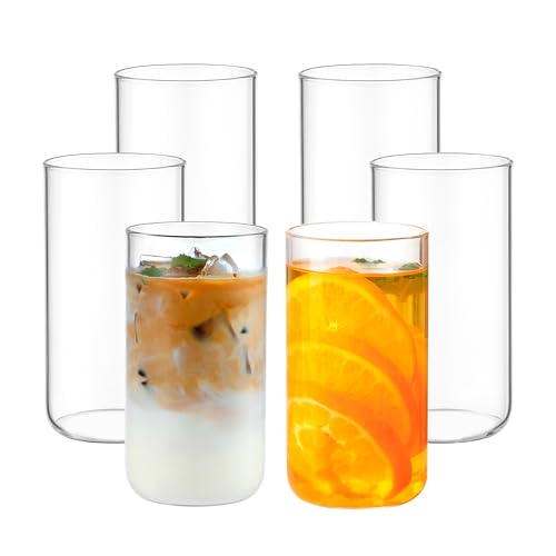 6 pieces round glass cups 17.3 oz modern highball glasses cute cocktail glasses for coffee water fruit juice beer mixed drinks shaker (round-12)