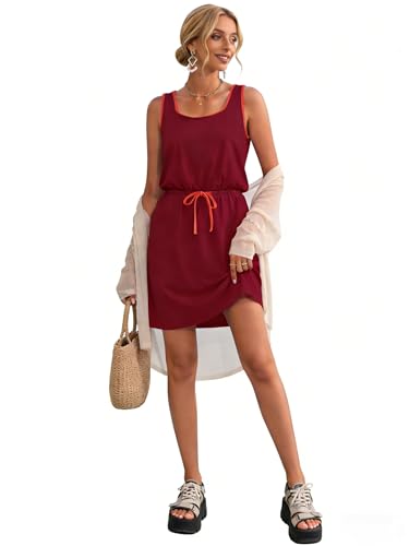 Image of AUSELILY Summer Dresses for Women Casual Sleeveless Drawstring Mini Dress | Sundress with drawstring waist & pockets. Casual beach cover up for summer vacation, pool and daily wear