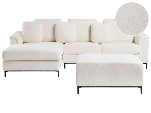 Beliani Canapé d'angle à Droite Salon Moderne en Forme de L avec Pouf Tapissé en Tissu Bouclé Blanc Oslo