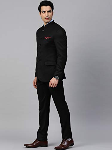 Image of MANQ Men Black Solid Slim Fit Bandhgala Suit