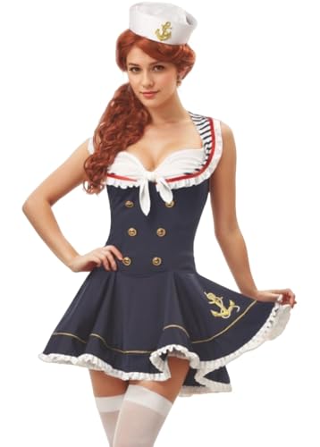 JJ-GOGO Vintage Nautical Sailor Costume - Female Navy Exotic Uniform Halloween Fancy Party Cosplay Mini Dress (S)