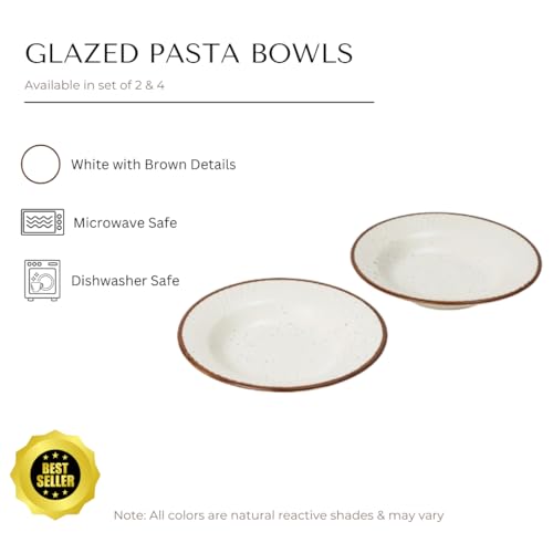 Image of Beyond Homes Ceramic Pasta Plates Shallow, 19 cm, Set of 4, White Brown | Matte Finish Ceramic Pasta Bowl | Stoneware Flat Pasta & Maggie Bowl | Chip Resistant | Microwave Safe (4, White Brown Border)