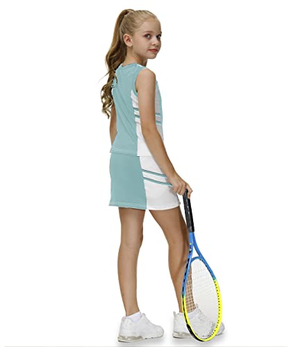 Girls Tennis Athletic Outfit Set Sports Color Block Casual Tank Top Golf Skirt Built In Shorts Light Green 6-7 Years #TOP4
