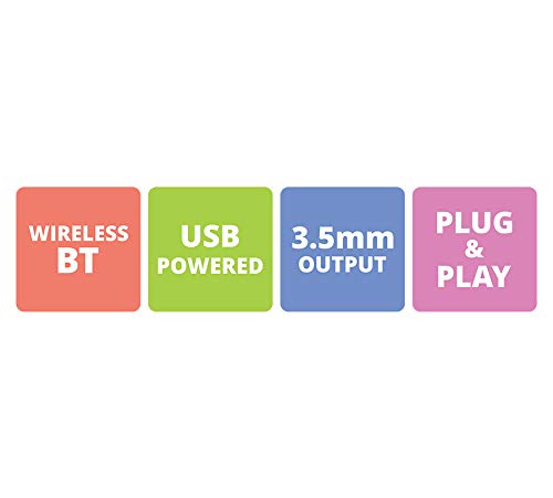 Graphic showing Wireless BT, USB Powered, 3.5mm Output, Plug & Play features