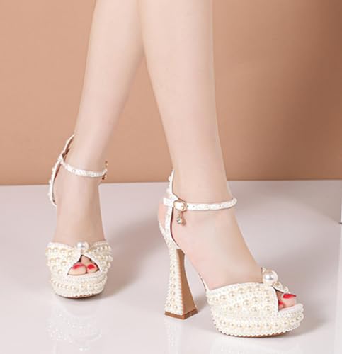 Minishion Womens Platform Wedding Shoes Slingback High Heel Party Evening Sandals LH003 Ivory Full Pearl US 6 by Minishion - Used condition - Image 5