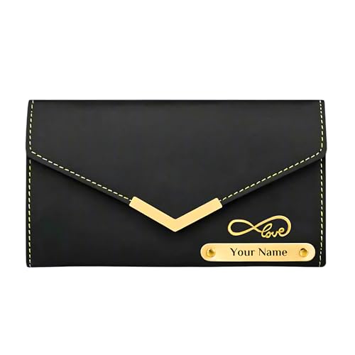 Image of Personalized Leather Clutch for Women | Custom Name & Charm | 3-Fold Ladies Wallet | Stylish Purse Gift for Girlfriend, Wife, Mother & Sister | Multi-Compartment Wallet (Black)